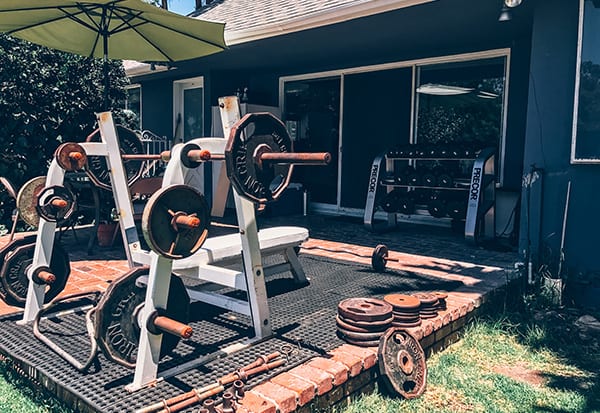sober living home, weights, backyard of Rancho Park Recovery